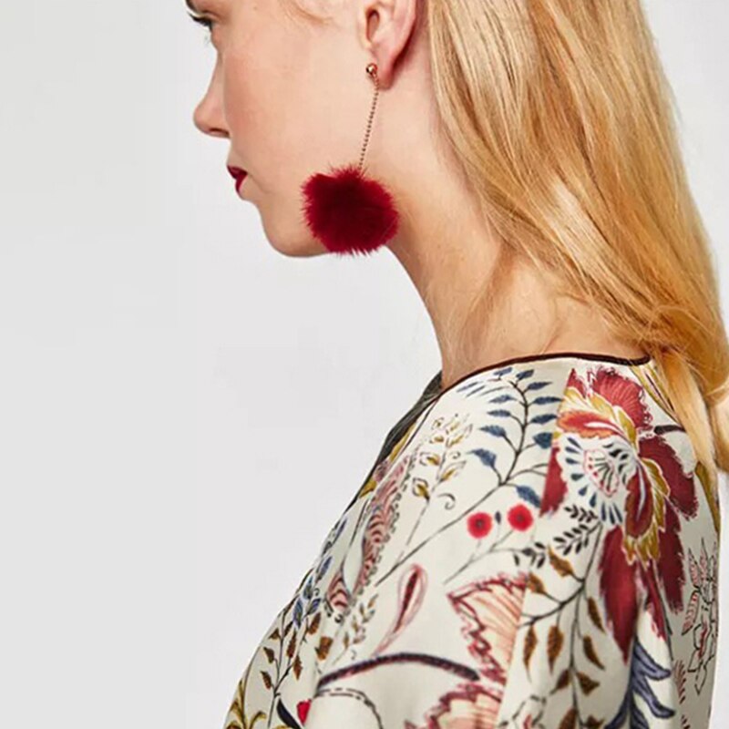 Poputton Red Black Fashion Plush Ball Drop Earrings For Women