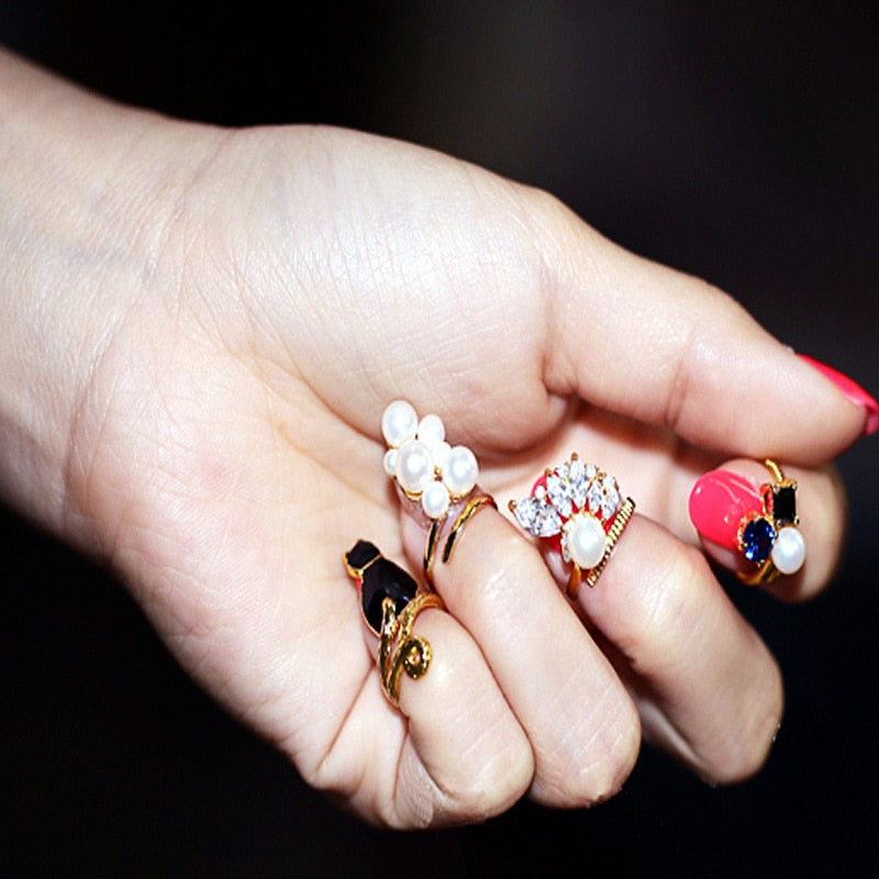 Crystal Black Cat Simulated-Pearl Zircon Nail Rings