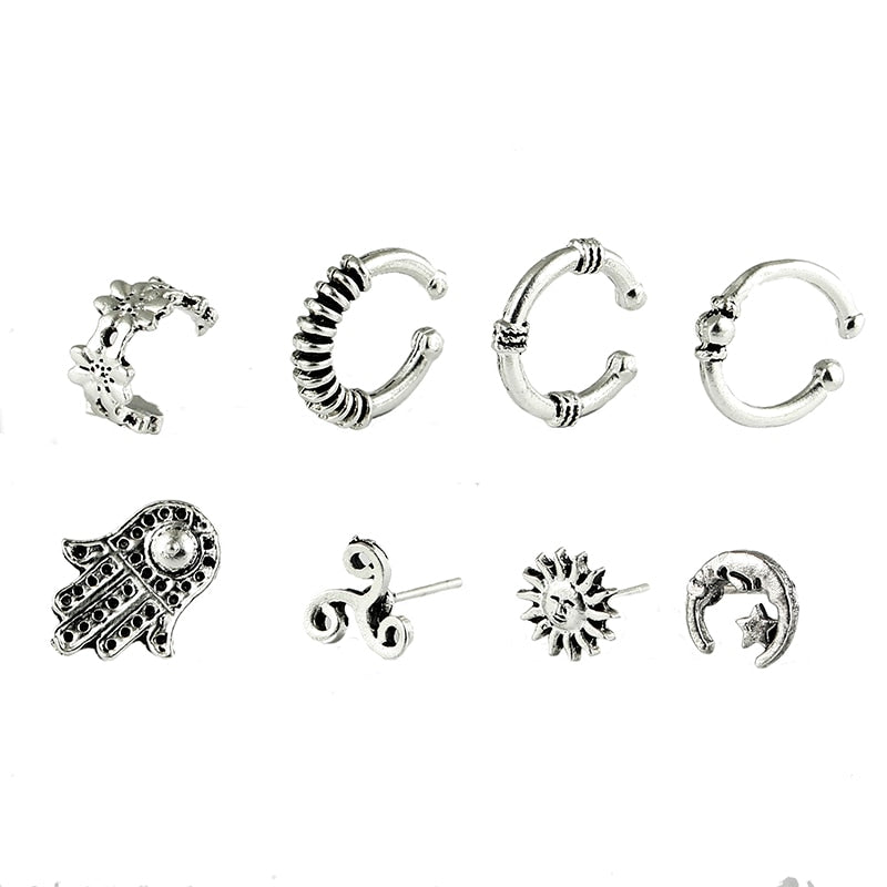 Punk Style Silver Color Earring Sets Ethnic Bohemia Ear Clip Stud Earrings