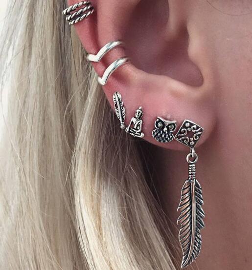 Punk Style Silver Color Earring Sets Ethnic Bohemia Ear Clip Stud Earrings