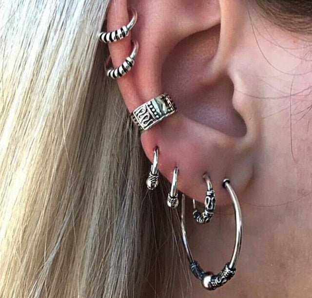 Punk Style Silver Color Earring Sets Ethnic Bohemia Ear Clip Stud Earrings