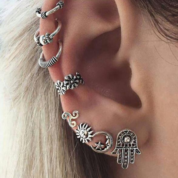 Punk Style Silver Color Earring Sets Ethnic Bohemia Ear Clip Stud Earrings