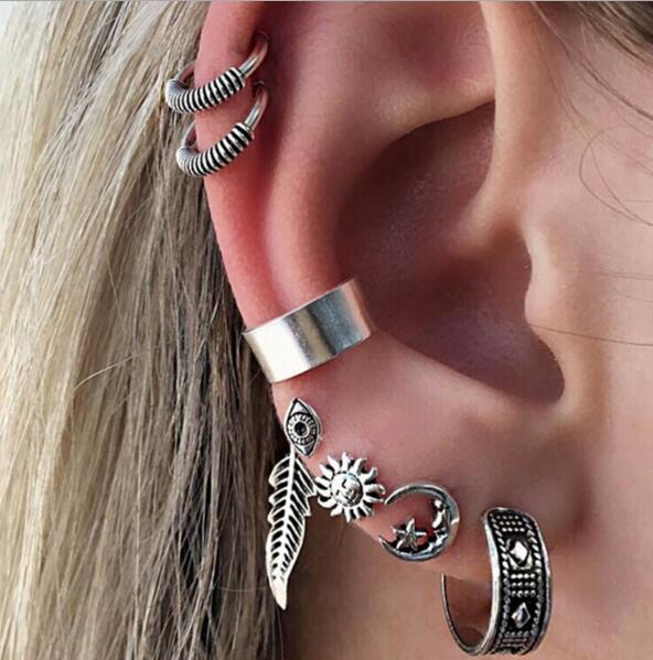 Punk Style Silver Color Earring Sets Ethnic Bohemia Ear Clip Stud Earrings