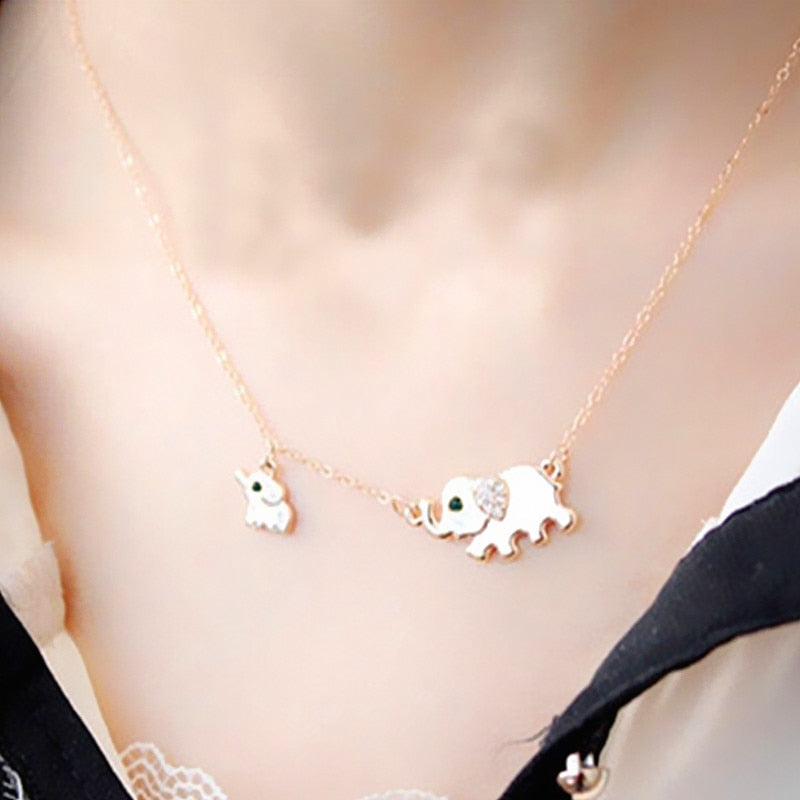 Cute Elephant Family Pendant Necklace for Women Gold Color