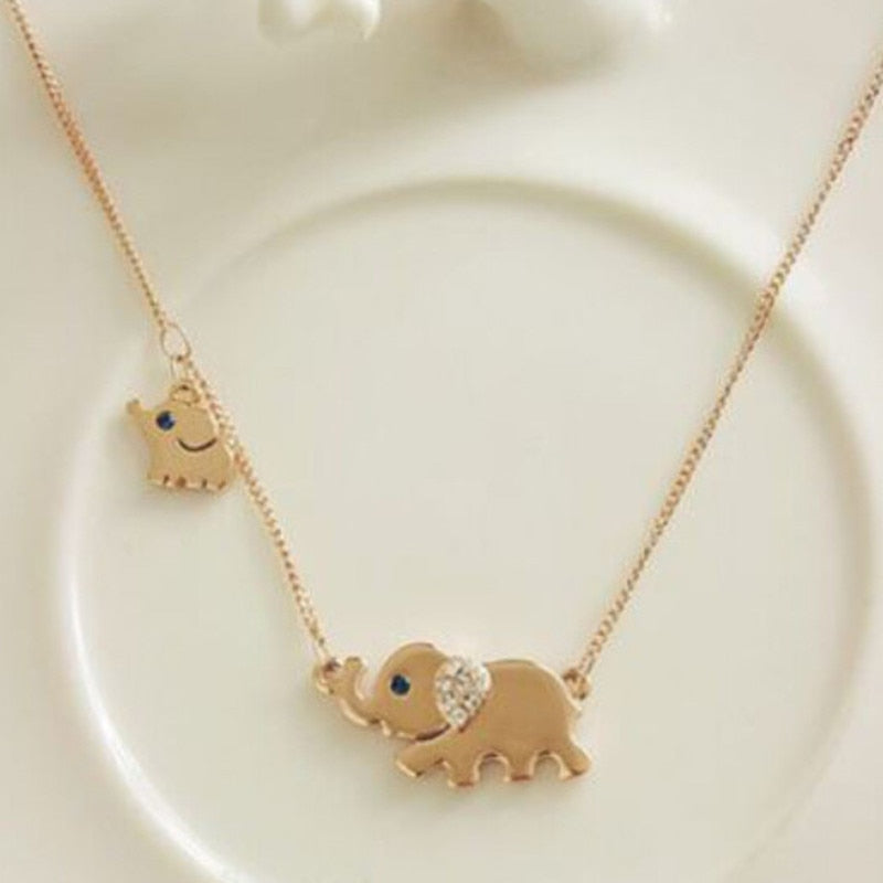 Cute Elephant Family Pendant Necklace for Women Gold Color