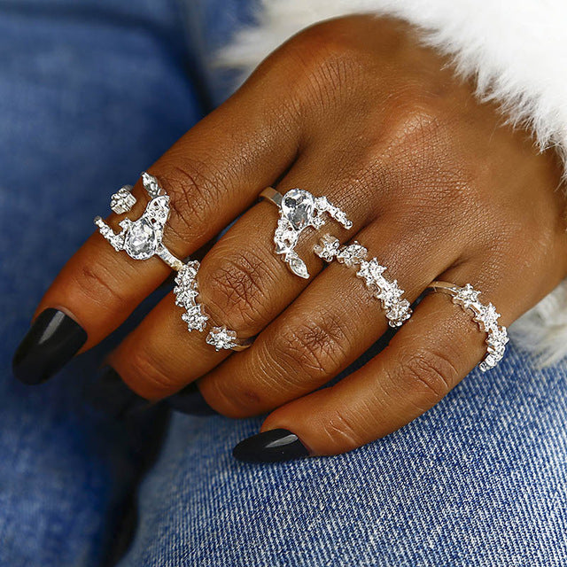 NJ13 Crystal Wedding Rings Hollow Heart Statement  Ring Women