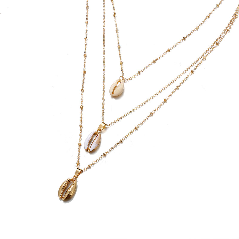 Poputton 3 Multi Layers Natural Shell Pendant Necklace